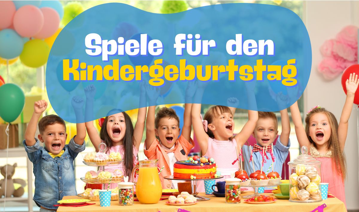 Kindergeburtstag Spiele – Fröhliche Kinder feiern mit Kuchen, Süßigkeiten und bunten Luftballons. Perfekte Spielideen für einen gelungenen Geburtstag.