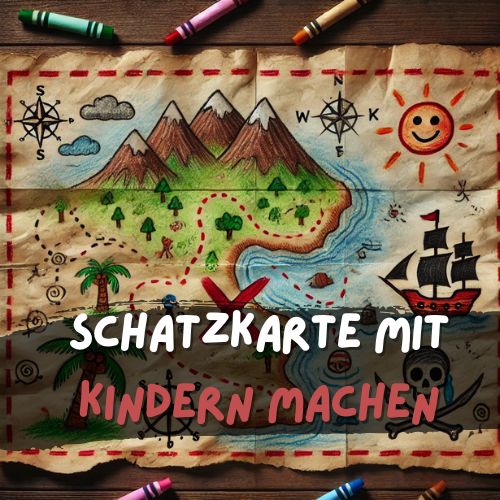 Bunte, handgezeichnete Schatzkarte mit Insel, Bergen, Piratenschiff und Schatzsymbolen, umgeben von Wachsmalstiften. Aufschrift: 'Schatzkarte mit Kindern machen