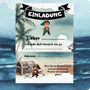 Piraten-Einladungskarte mit Schatztruhe, Strand und Piratenmotiv zum Ausfüllen.