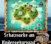 Schnitzeljagd am Kindergeburtstag schatzkarte mit route und Goldschatz sowie Piratenschiff und die aufgaben die mal bewältigen muss um zum Schatz zu kommen