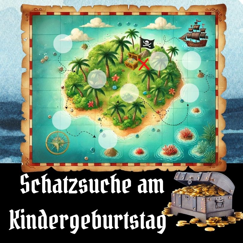 Schnitzeljagd am Kindergeburtstag schatzkarte mit route und Goldschatz sowie Piratenschiff und die aufgaben die mal bewältigen muss um zum Schatz zu kommen