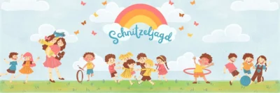 Entdecke kreative Schnitzeljagd-Ideen für jeden Anlass! das bild zeigt eine illustration lachender kinder beim spielen einer schnitzeljagd