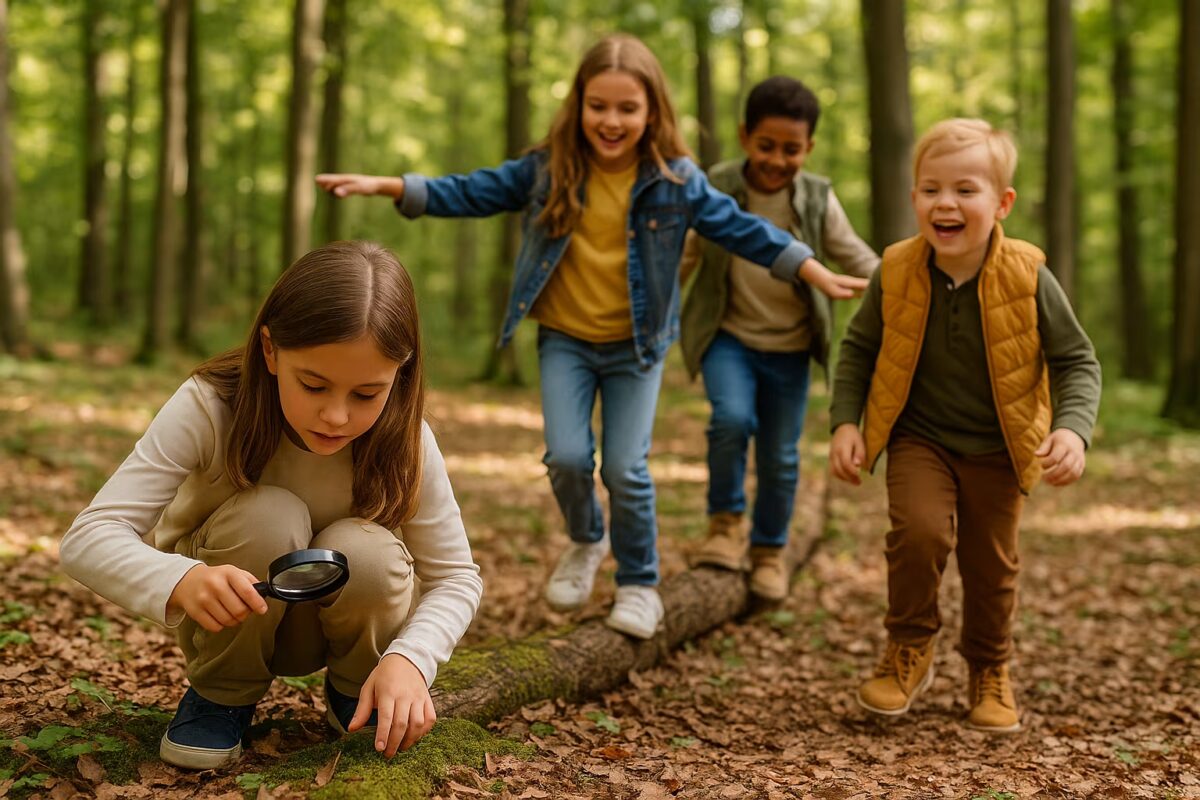 Vier Kinder spielen im sonnigen Wald: Ein Mädchen betrachtet den Waldboden mit einer Lupe, während andere auf einem Baumstamm balancieren und fröhlich durch das Laub laufen