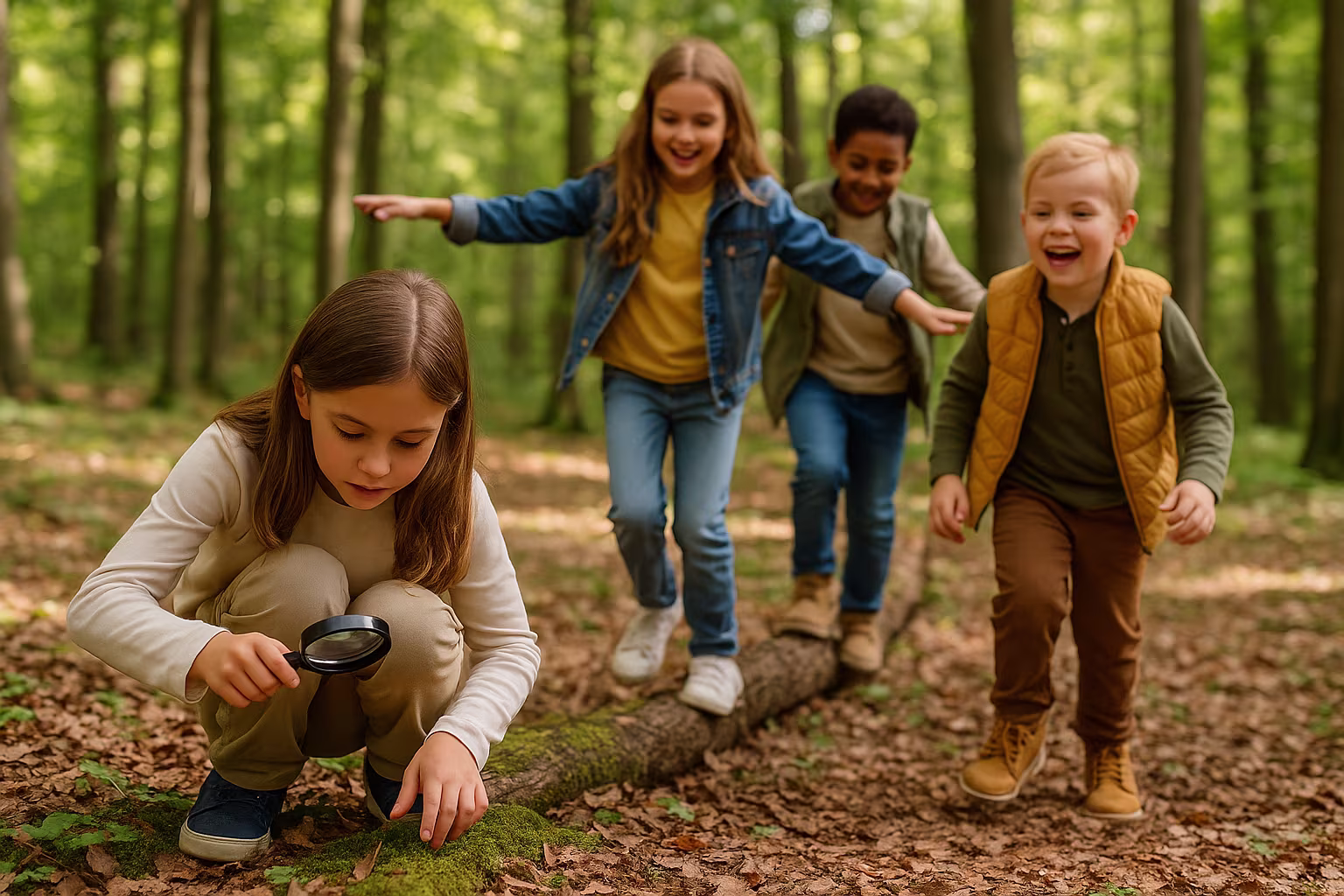 Vier Kinder spielen im sonnigen Wald: Ein Mädchen betrachtet den Waldboden mit einer Lupe, während andere auf einem Baumstamm balancieren und fröhlich durch das Laub laufen