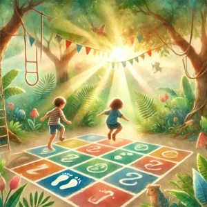 Aquarell-Illustration eines kreativen Hüpfspiels mit Dschungel-Abenteuer-Thema. Die Spielfelder sind mit Symbolen wie Blättern, Tierpfoten, Blumen und Steinen gestaltet, während Kinder fröhlich durch die farbenfrohe Szene springen, um Hindernisse zu überwinden.