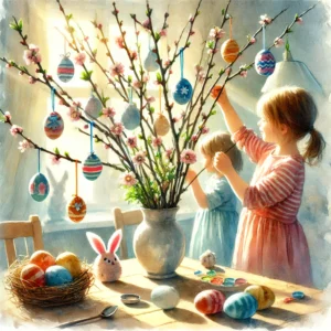 Kinder schmücken einen Osterstrauch mit bunten bemalten Eiern und selbstgebastelten Anhängern, während weiche Sonnenstrahlen den Raum erhellen – eine liebevolle Ostertradition mit Kindern, festgehalten in einer Aquarellillustration