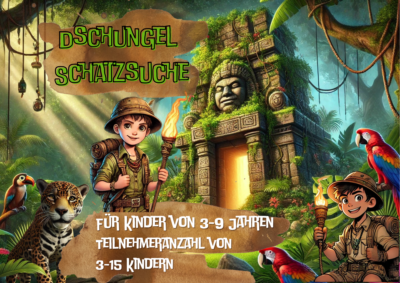 Dschungel-Schnitzeljagd für 3 bis 9 Jährige. Schatzsuche für kleine Abenteurer im Urwald. Auf den Spuren der Mayas