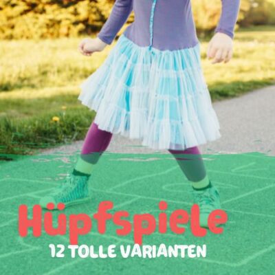 Hüpfspiele für Kinder mit 12 varianten in dem bild spielt ein Mädchen Himmel & Hölle auf Betonboden