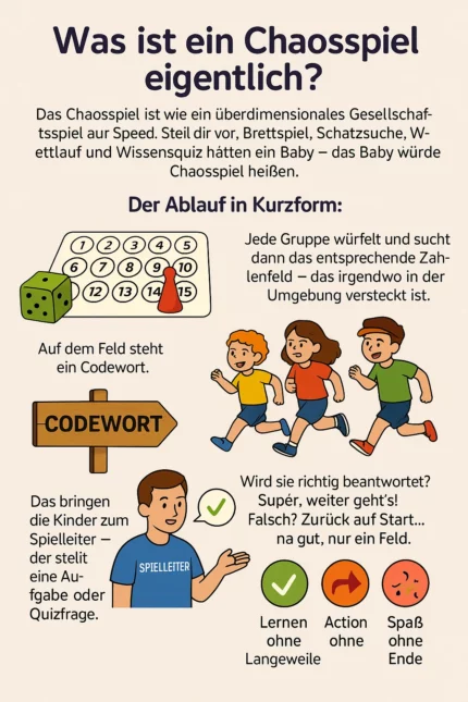 Was ist ein Chaosspiel? – Übersichtlicher Ablauf des Gruppenspiels für Kinder mit Würfeln, Codewörtern und Spielleiter als Illustration erklärt