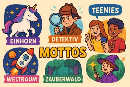 Illustration mit verschiedenen Motto-Ideen fürs Chaosspiel: Einhorn, Detektiv, Weltraum, Zauberwald und Teenies – kreative Spielvarianten für Kinder

