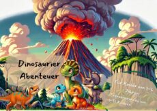 Fröhlich gezeichnete Dinosaurier-Kinder stehen vor einem ausbrechenden Vulkan im Dschungel – ideal als Titelbild für eine Dino Schatzsuche für Kinder von 3–6 Jahren. Das Bild zeigt fünf niedliche Dino-Charaktere in leuchtenden Farben, umgeben von Palmen und Urzeitlandschaft. Perfekt zur Bewerbung einer spannenden Schatzsuche mit Dinos, Abenteuer und Rätseln für den Kindergeburtstag.