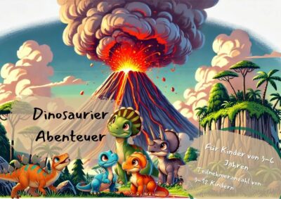 Fröhlich gezeichnete Dinosaurier-Kinder stehen vor einem ausbrechenden Vulkan im Dschungel – ideal als Titelbild für eine Dino Schatzsuche für Kinder von 3–6 Jahren. Das Bild zeigt fünf niedliche Dino-Charaktere in leuchtenden Farben, umgeben von Palmen und Urzeitlandschaft. Perfekt zur Bewerbung einer spannenden Schatzsuche mit Dinos, Abenteuer und Rätseln für den Kindergeburtstag.
