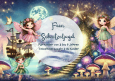 Zauberhaftes Aquarell-Bild zur Feen-Schnitzeljagd mit magischem Wald, funkelndem Feenlicht, Bibliotheksfee und Schatzkarte – ideales Abenteuer für Kinder