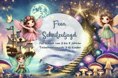 Zauberhaftes Aquarell-Bild zur Feen-Schnitzeljagd mit magischem Wald, funkelndem Feenlicht, Bibliotheksfee und Schatzkarte – ideales Abenteuer für Kinder