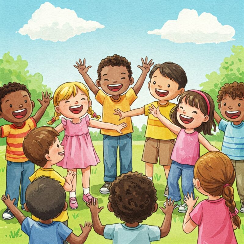 Kinder spielen Pantomime Aquarell: Fröhliche Kinder mit ausdrucksstarker Mimik und Gestik stellen in einem farbenfrohen Aquarellbild Tiere pantomimisch dar. Pantomime Begriffe
