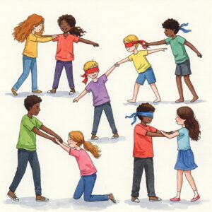 Kinder spielen Vertrauensspiele im Freien – Gruppenübung zum Aufbau von Vertrauen und Teamarbeit