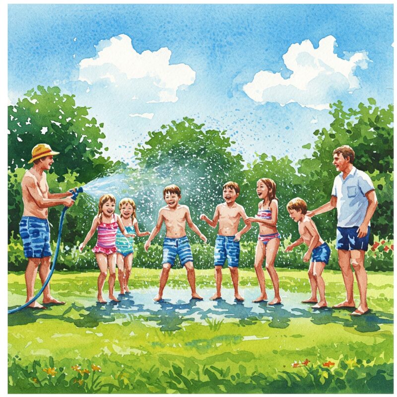 Kinder spielen im Garten mit Wasser – Aquarell-Illustration zu Wasserspielen für Kinder, Wasserspiele Kinder