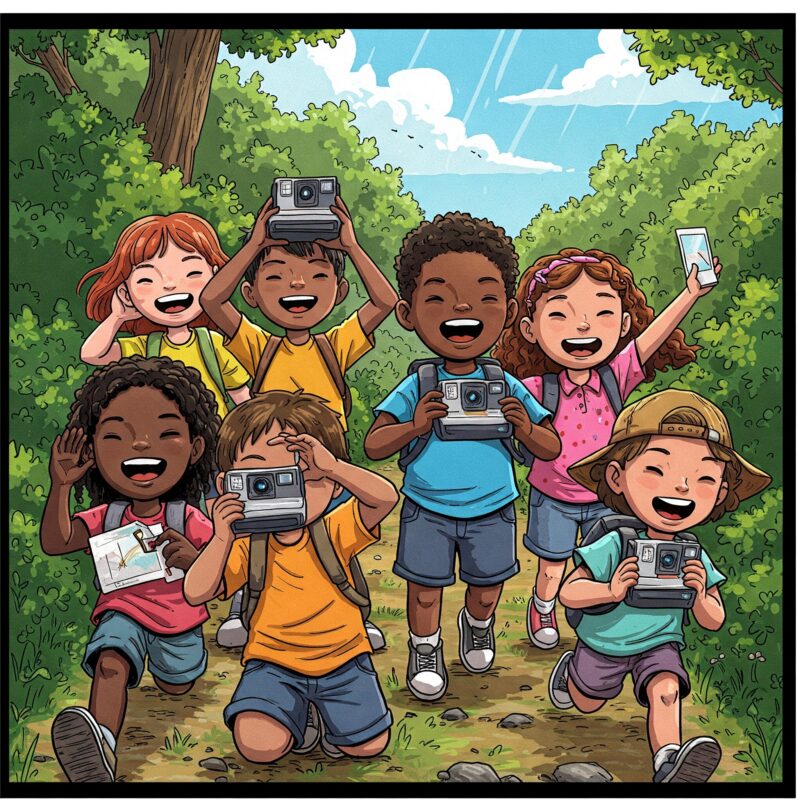 Kinder mit Polaroidkameras auf Schnitzeljagd: Fröhliche Kinder unterschiedlichen Alters halten bunte Sofortbildkameras in die Luft, bereit, die lustigsten Momente einer spannenden Schnitzeljagd im Freien festzuhalten. Comicartiger Aquarellstil. Schnitzeljagd Fotos zur Erinnerung