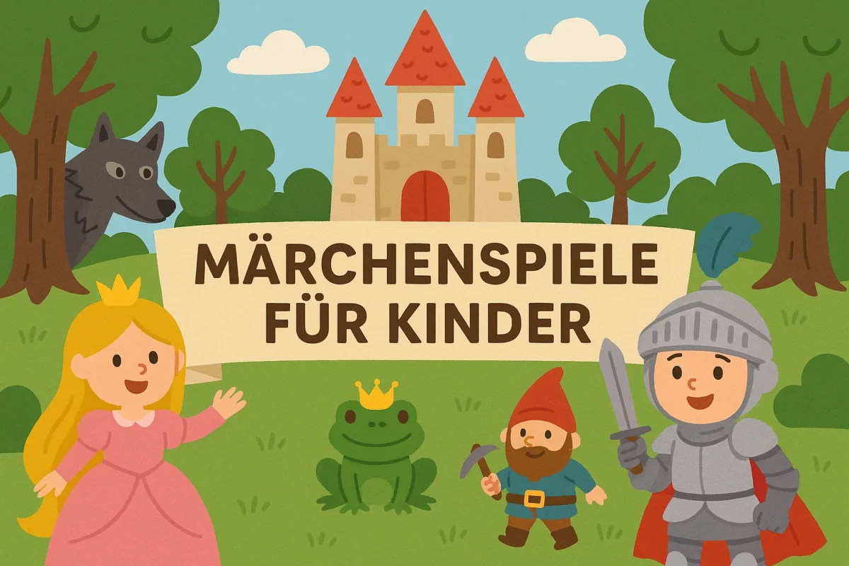 Bunte Illustration mit Prinzessin, Ritter, Froschkönig, Zwerg, Wolf und Schloss – Titelbild zum Blogbeitrag „Märchenspiele für Kinder“