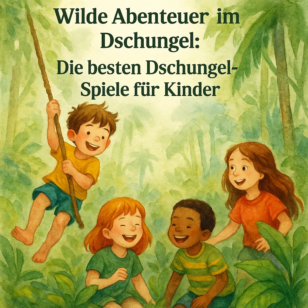 Vier Kinder spielen im Dschungel, eines schwingt an einer Liane – Illustration im Aquarellstil für Dschungel-Spiele für Kinder