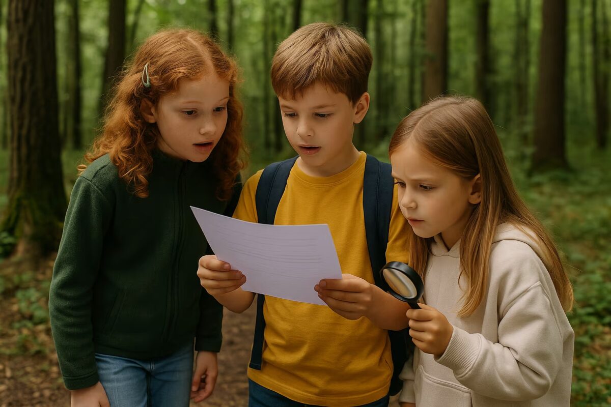 Drei Kinder im Wald rätseln gemeinsam mit einer Karte und Lupe in der Hand – Naturabenteuer pur