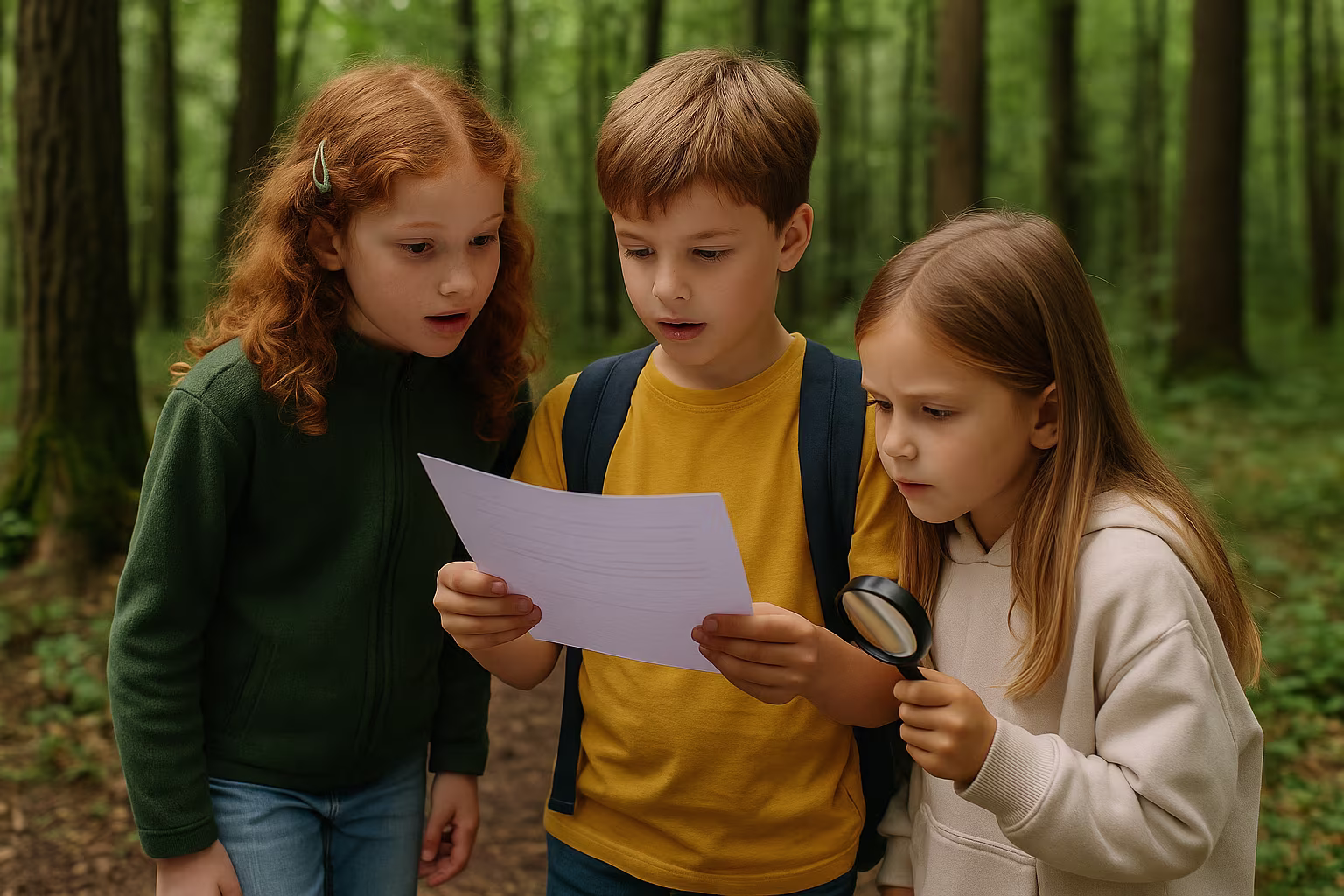 Drei Kinder im Wald rätseln gemeinsam mit einer Karte und Lupe in der Hand – Naturabenteuer pur