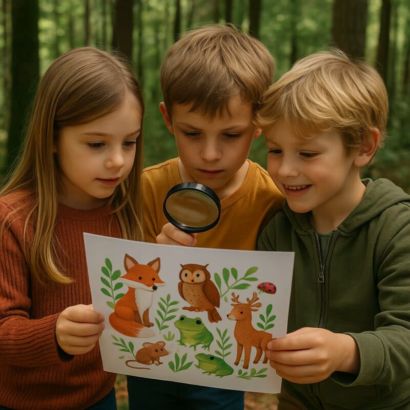 Drei Kinder betrachten im Wald eine bunte Zeichnung mit Tieren des Waldes – darunter Fuchs, Eule, Reh und Frosch – und rätseln gemeinsam mit Lupe und Neugier