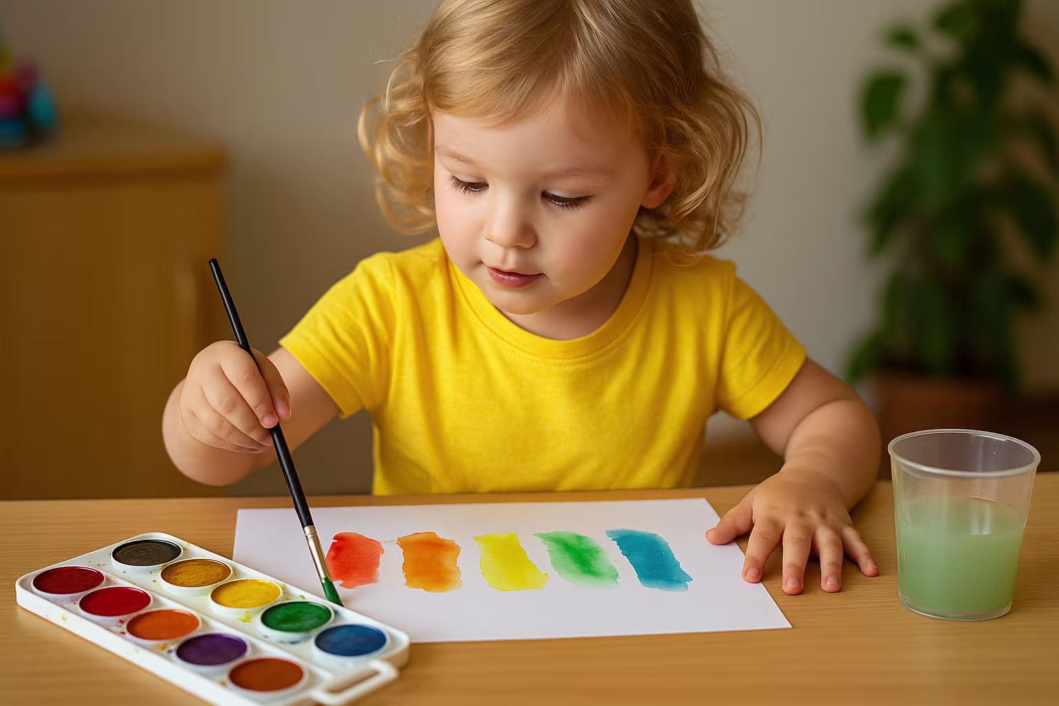 Ein kleines blondes Mädchen im gelben T-Shirt malt konzentriert mit Wasserfarben in Regenbogenfarben auf einem Blatt Papier.
