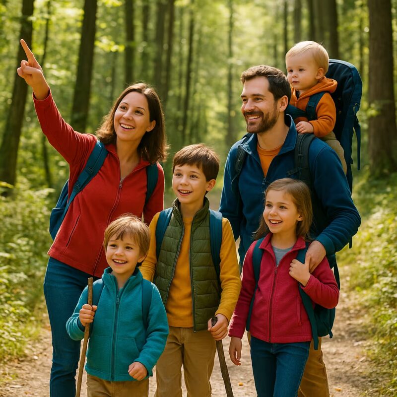 Eine fünfköpfige Familie wandert fröhlich auf einem Waldweg – die Eltern mit Rucksack und drei lachende Kinder mit Wanderstöcken genießen die Natur. wandern mit kindern