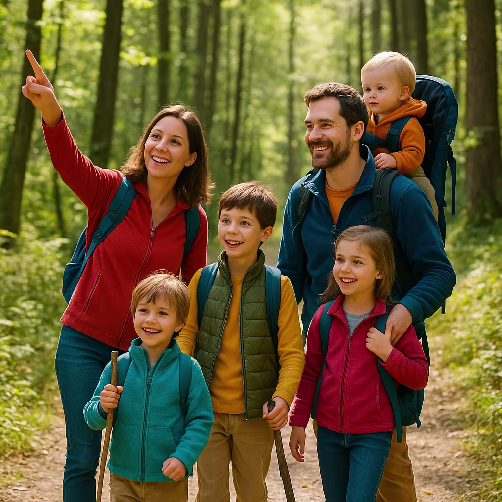 Wandern mit Kindern – Tipps, Tricks & (Überlebens-)Strategien für Familienabenteuer in der Natur 🥾🌲 1 Eine fünfköpfige Familie wandert fröhlich auf einem Waldweg – die Eltern mit Rucksack und drei lachende Kinder mit Wanderstöcken genießen die Natur. wandern mit kindern