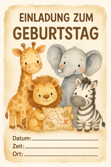 „Einladungskarte Zoo-Party Kindergeburtstag – süße Aquarell-Tiere mit Schatzkarte zum Ausfüllen“ 