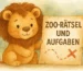 Zoo-Rätsel und Aufgaben für Kinder – Aquarell Löwe mit Schatzkarte und rotem X als Titelbild