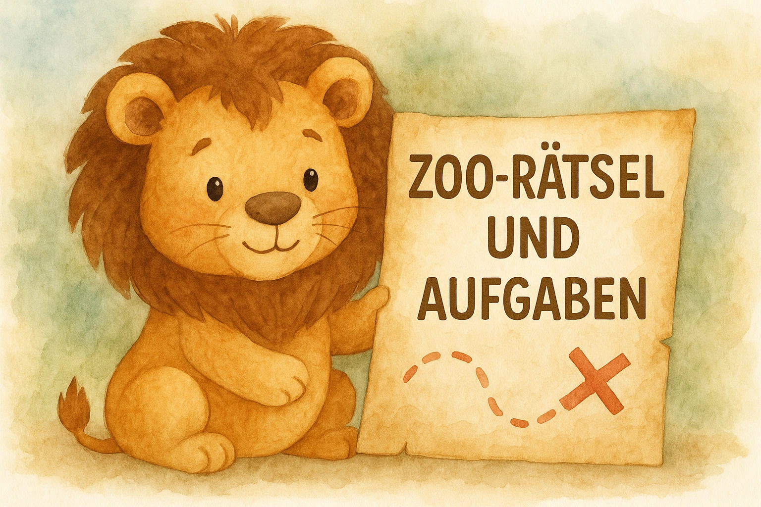 Zoo-Rätsel und Aufgaben für Kinder – Aquarell Löwe mit Schatzkarte und rotem X als Titelbild