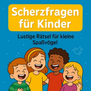 Fröhliche Kinder lachen gemeinsam unter dem Titel „Scherzfragen für Kinder“ vor einem blauen Hintergrund mit Symbolen und gelber Titelbox