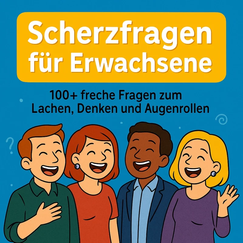 Vier Erwachsene lachen gemeinsam unter dem Titel „Scherzfragen für Erwachsene – 100+ freche Fragen zum Lachen, Denken und Augenrollen