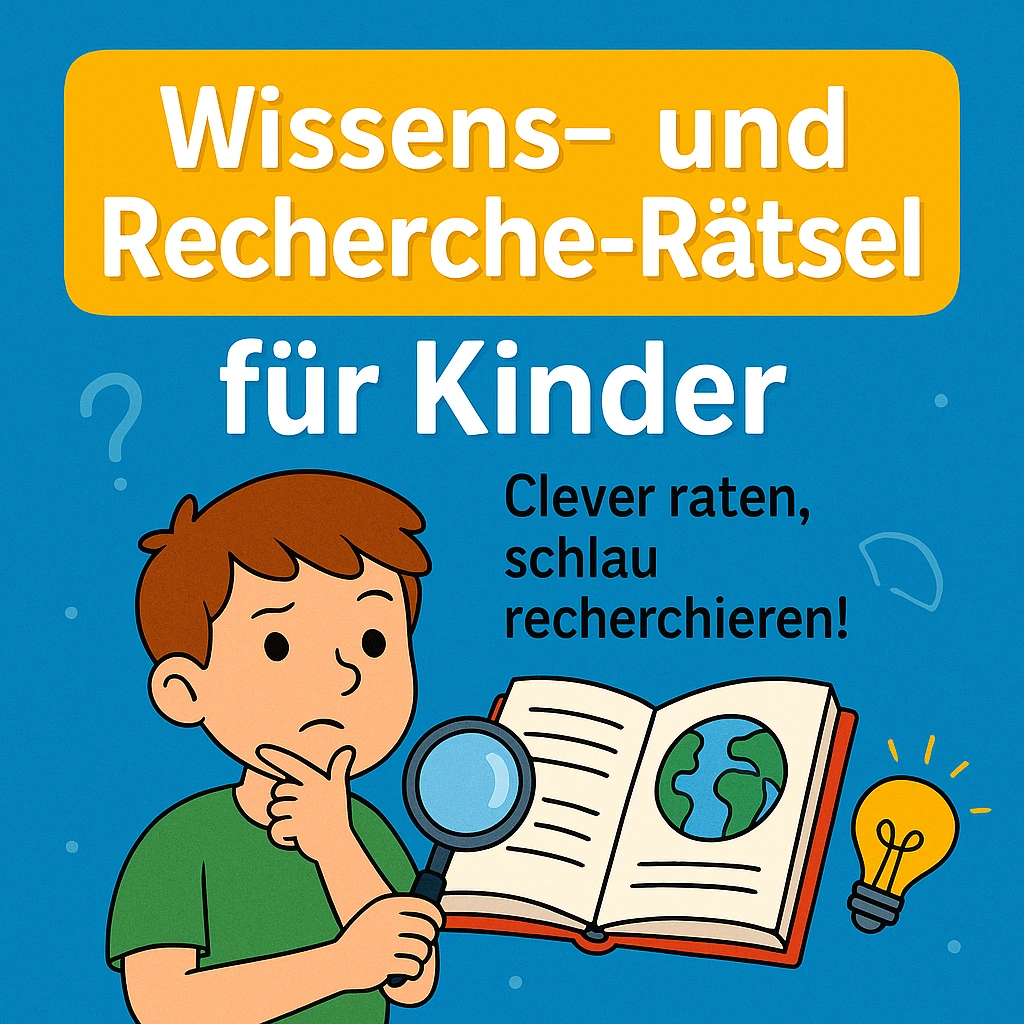 Kind mit Lupe betrachtet ein Buch mit Weltkugel und Glühbirne, darunter der Titel „Wissens- und Recherche-Rätsel für Kinder – Clever raten, schlau recherchieren!