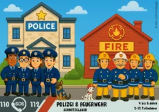 Illustration zur Polizei- und Feuerwehr-Schnitzeljagd für Kinder – lustige Cartoon-Figuren vor Polizei- und Feuerwache, geeignet für Kindergeburtstag ab 4 Jahren