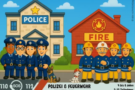 Illustration zur Polizei- und Feuerwehr-Schnitzeljagd für Kinder – lustige Cartoon-Figuren vor Polizei- und Feuerwache, geeignet für Kindergeburtstag ab 4 Jahren