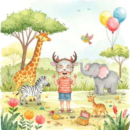 Aquarellillustration eines lachenden Kindes mit Tiermaske umgeben von Giraffe, Zebra, Elefant und Papagei auf einer Zoo-Geburtstagsparty.