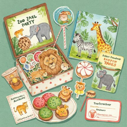 Aquarell-Illustration von liebevoll zusammengestellten Mitgebseln für eine Kinder-Zoo-Party, inklusive Tierstickern, Mini-Safarifiguren, einem Tiermalbuch, leckeren Tierkeksen, bunten Tiergummibärchen und einem personalisierten Tierpfleger-Ausweis.