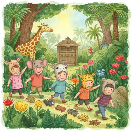 Aquarell-Illustration von Kindern mit Tiermasken, die einer Spur aus Tierfußabdrücken durch eine Dschungellandschaft folgen, mit einer Schatzkiste im Hintergrund.