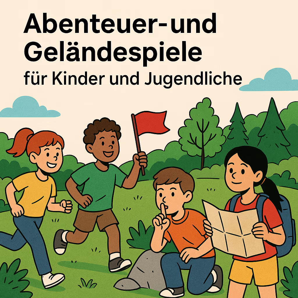 Kinder spielen draußen Abenteuer- und Geländespiele mit Karte und Fahne im Wald