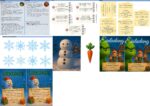 Beispielseiten der Weihnachts-Schnitzeljagd mit Rätseln, Einladungen, Urkunden und winterlicher Deko wie Schneemann und Schneeflocken