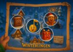 Illustration der Schatzkarte von Winterlingen mit fröhlichen Figuren und Symbolen aus der Weihnachts-Schnitzeljagd Mission Winterglanz